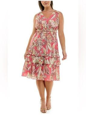 Nanette Lepore Coral Tropical Leaf Tiered Midi Dress NEW size 12